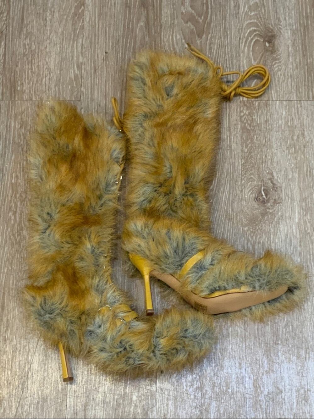 Faux Fur Knee-High Stiletto Boots in Mustard Yellow and Gray
